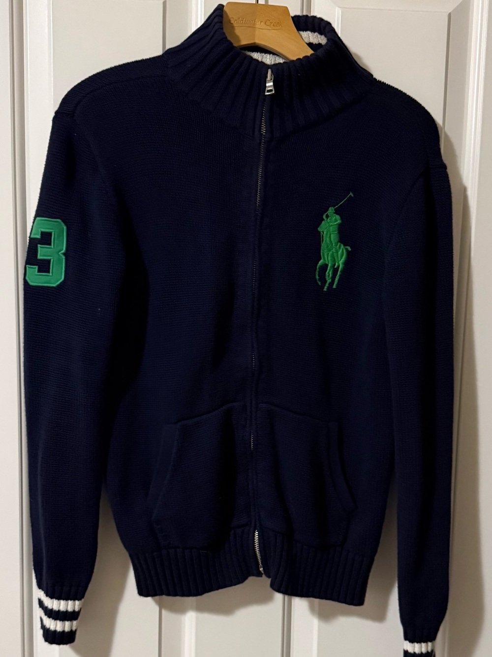 Ralph Lauren Navy Zip-Up Sweater with Green Pony and Sleeve Patch